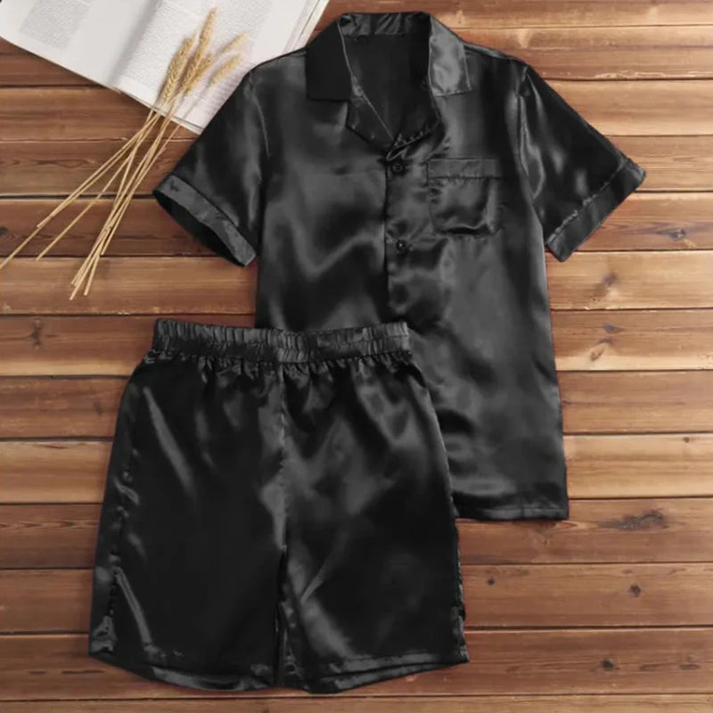 Men's Loose Smooth Skin-friendly Short-sleeved Pajamas Set Solid Color Leisure Home Wear Buttoned Shirts and Shorts 2-piece Suit