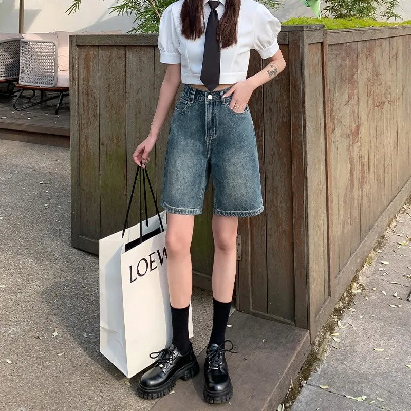 FINEWORDS Summer Vintage High Waist Bermuda Shorts Jeans Women Korean Casual Wide Leg Denim Shorts Streetwear Loose Middle Short