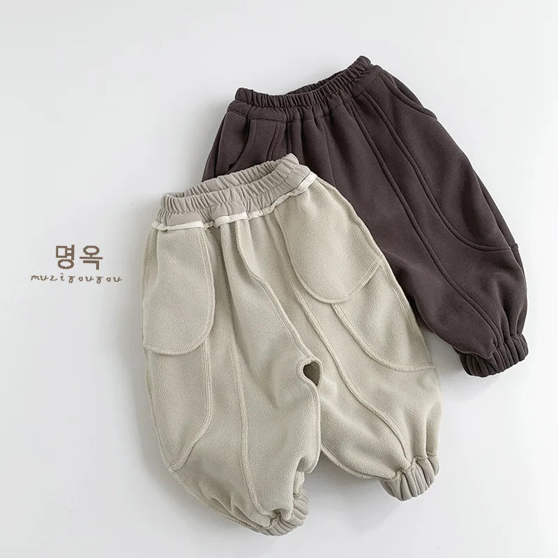 Children Fleece Sweat Pants 2025 Winter New Boys Warm Trousers Cotton Girls Plus Velvet Thick Casual Pants Solid Kids Clothes