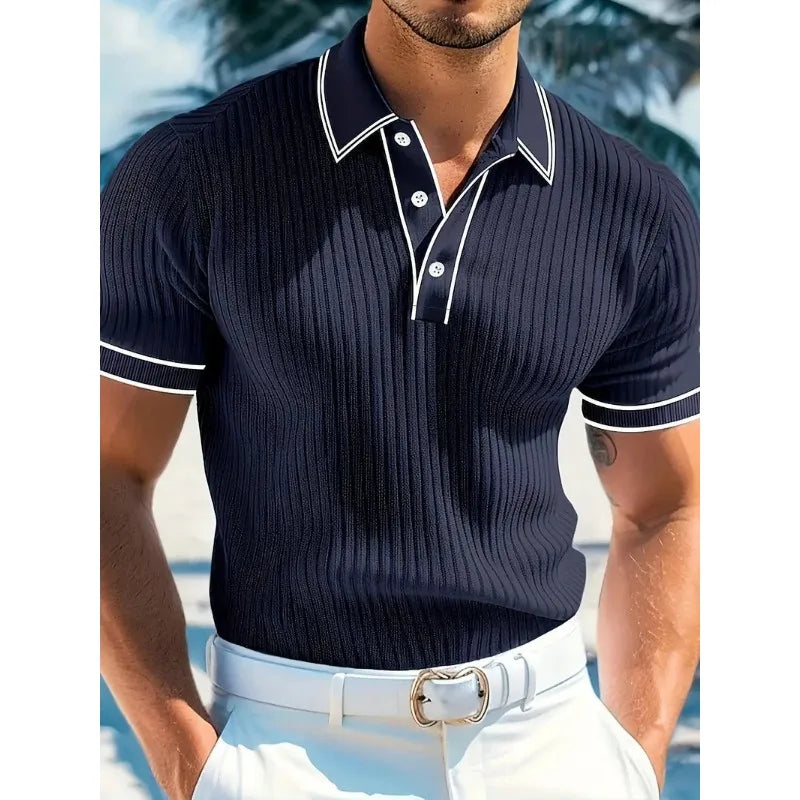 New Men's Short Sleeved Summer Color Blocked Striped Lapel Polo Shirt for Summer