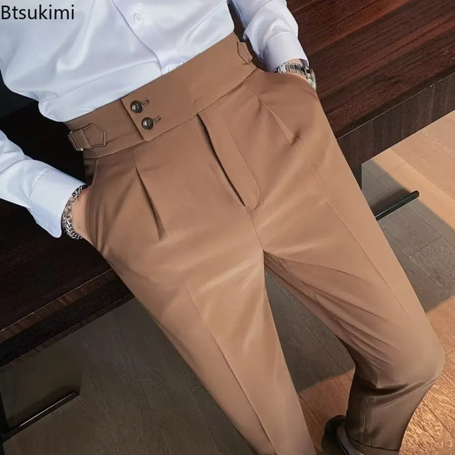 New 2026 Men's Solid Color Suit Trousers Classic Button Single Pleat Slims Pants for Men Silhouette Business Casual Pants Male