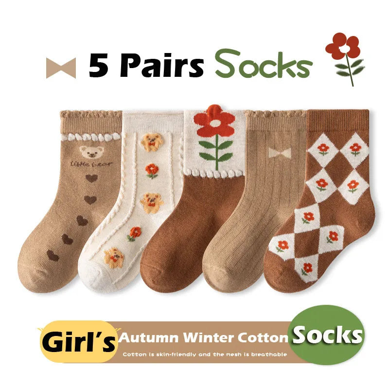 5 Pairs Girls Socks Spring Autumn Ruffle Socks Cotton Socks Kids Lolita Fancy Socks Twist Pattern