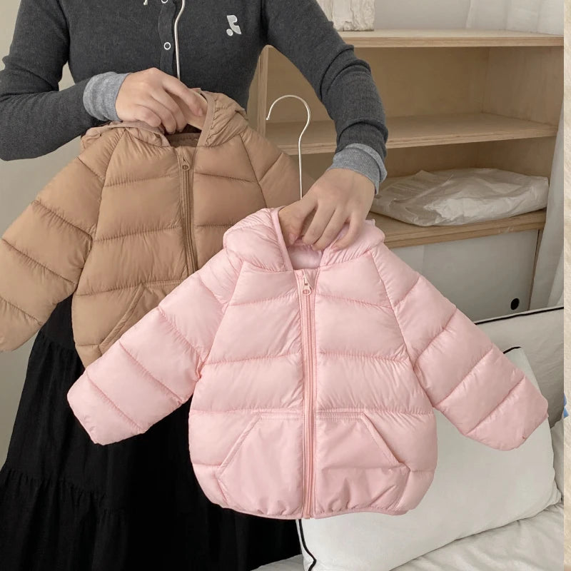 Kids Baby Lightweight Short Down Cotton Jacket Boys Girls Solid Loose Hooded Zipper Coats Autumn Winter Cotton-padded Outerwear