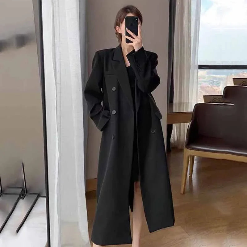 FANAN Elegant Long Trench Coat Women Korean Double Breasted Office Lady Blazer Jacket Fashion Streetwear Long Sleeved Overcoats