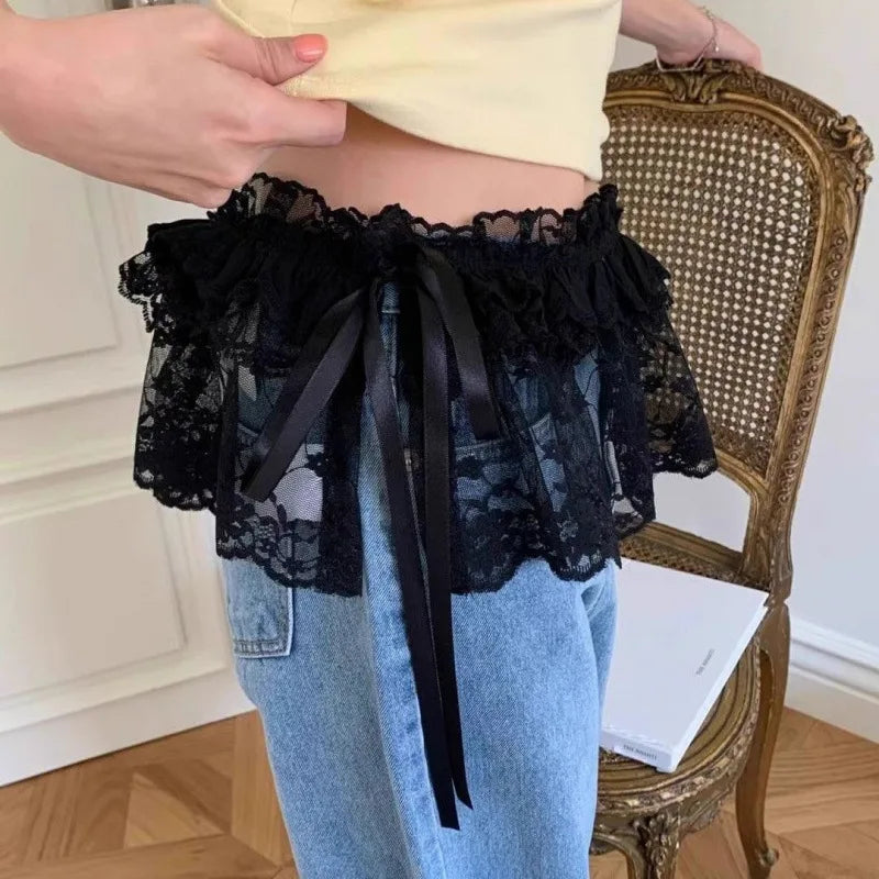 Spring Summer Lace-up Lace Side Half-body Skirt Short Fart Curtain Apron Girls Sweet Jeans Casual Pants Accessories Skirt