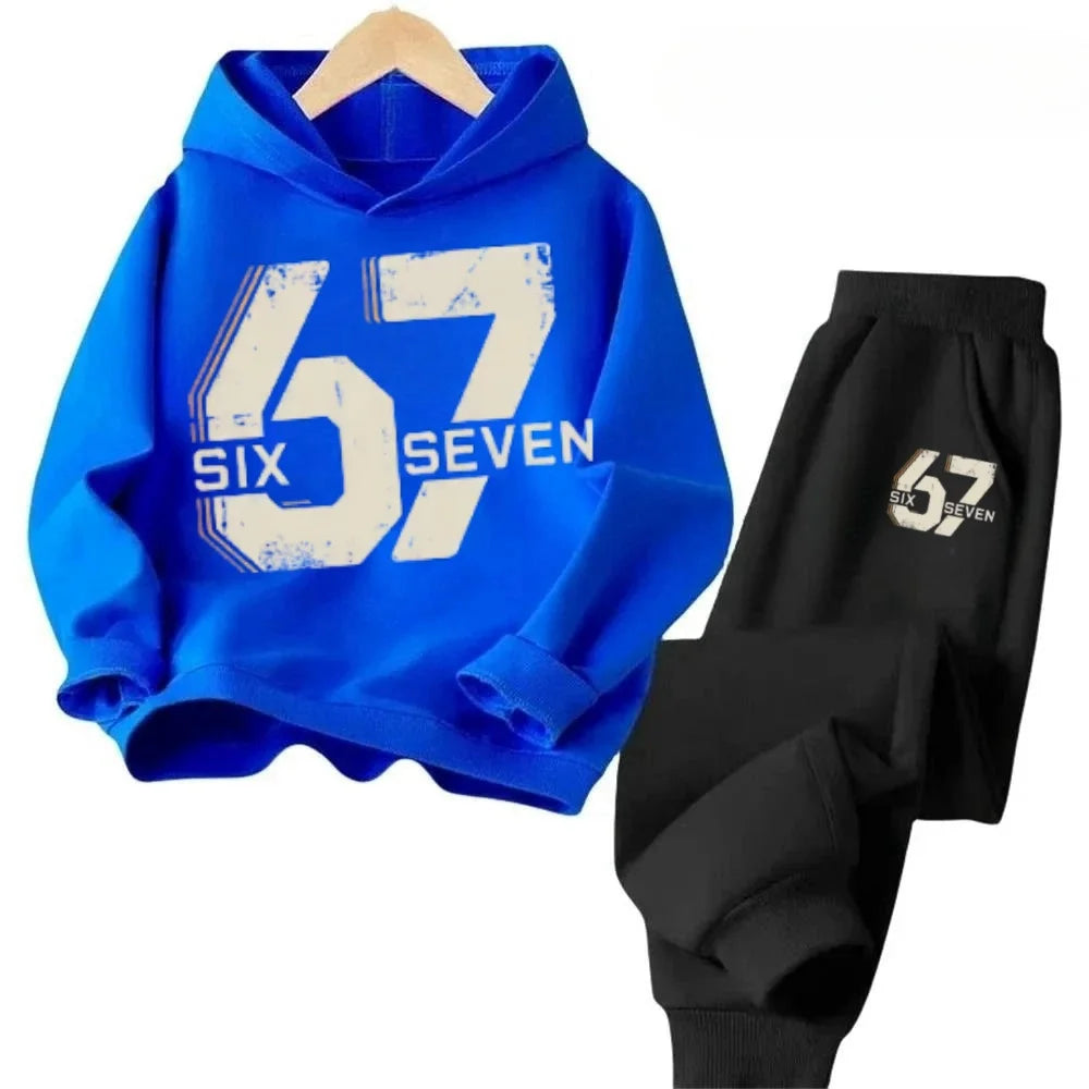 67 Chic Children's Hoodies Set 4-13Y Korean Streetwear Block Tracksuit Fashion Comfortable Kids Sweatshirt 2 Pcs Sets Pant Suit