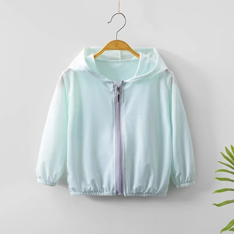 Summer Childrens Sunscreen Clothing Ice Silk Thin Hooded Cool Kids Boys Jacket Outdoor Camping Girls Breathable Zipper Coat