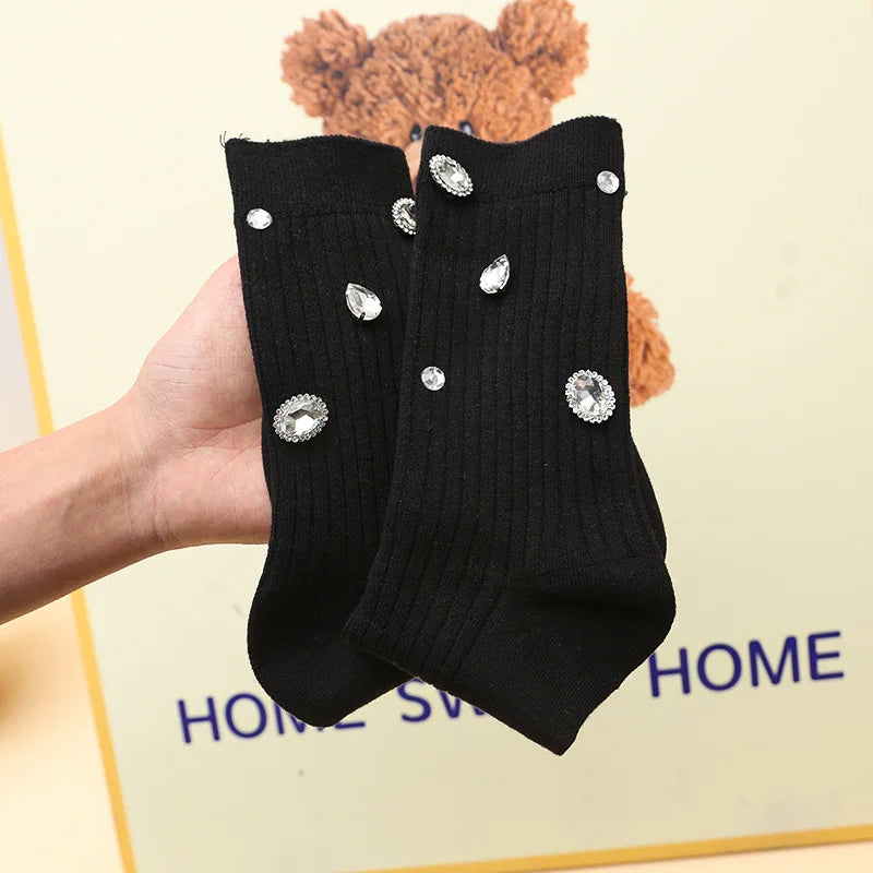 Women's Socks Korean Retro Cool Sweet Rhinestone Simple Versatile Shiny Comfortable High-quality Cotton Socks For Girl Wholesale