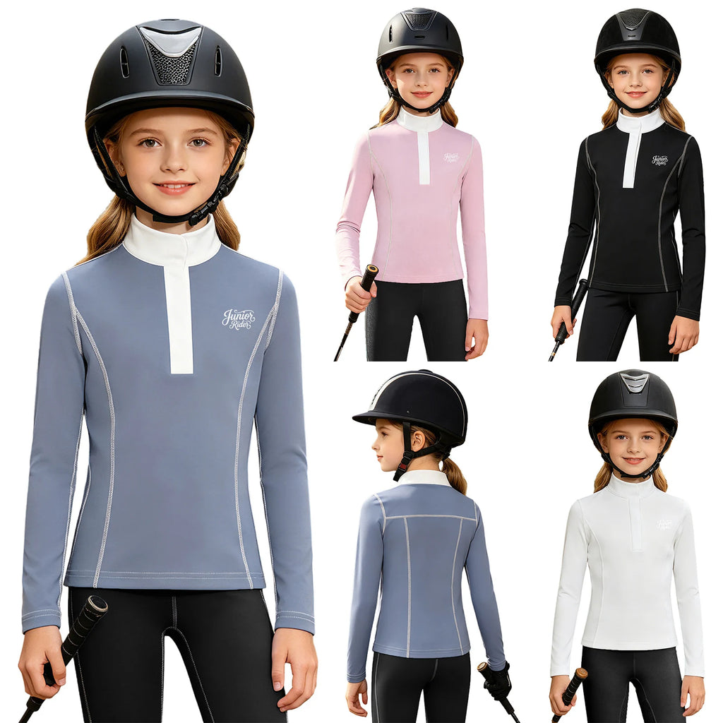 Kids Girls Horse Riding Sports Shirt Equestrian Clothes Long Sleeve Quick-dry Athletic Shirts Top for Horsemanship Workout Yoga