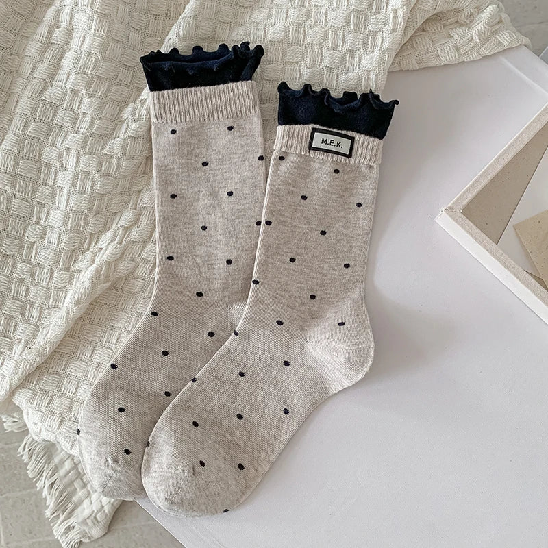 Socks For Women New Dots Cute Frilly Casual Fashion Long Socks Breathable Preppy Style Ladies Novelties Socks Cotton Soft Comfy