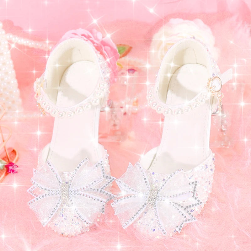Children's high heels female crystal shoes princess little girl catwalk white with dress show host shoes girl