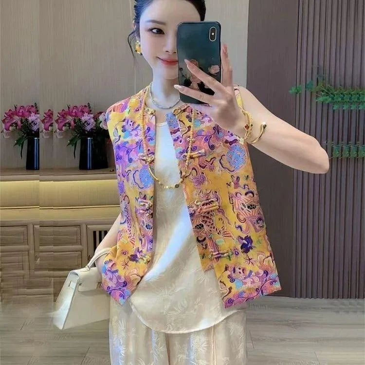 Thin Vest for Women Clothing Ethnic Style Print Vintage Clothes Streetwear Coats Women Jackets Chinese style Casual Summer