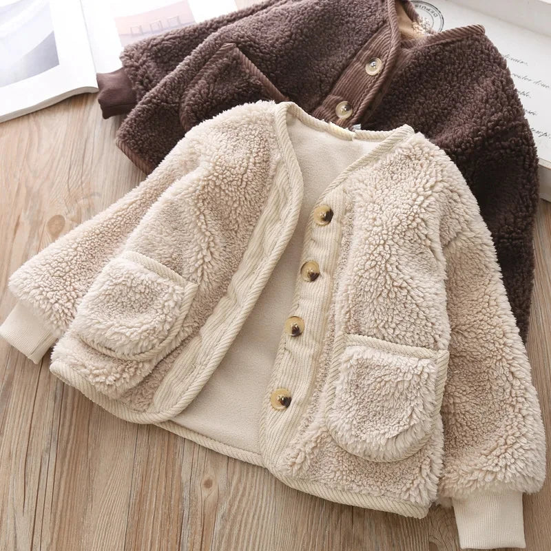 2026Korean Boys Fall Winter Clothes For Girls Velvet Loose Lamb Velvet Warm Children's Jacket Coat For Girls 0-5-year-old