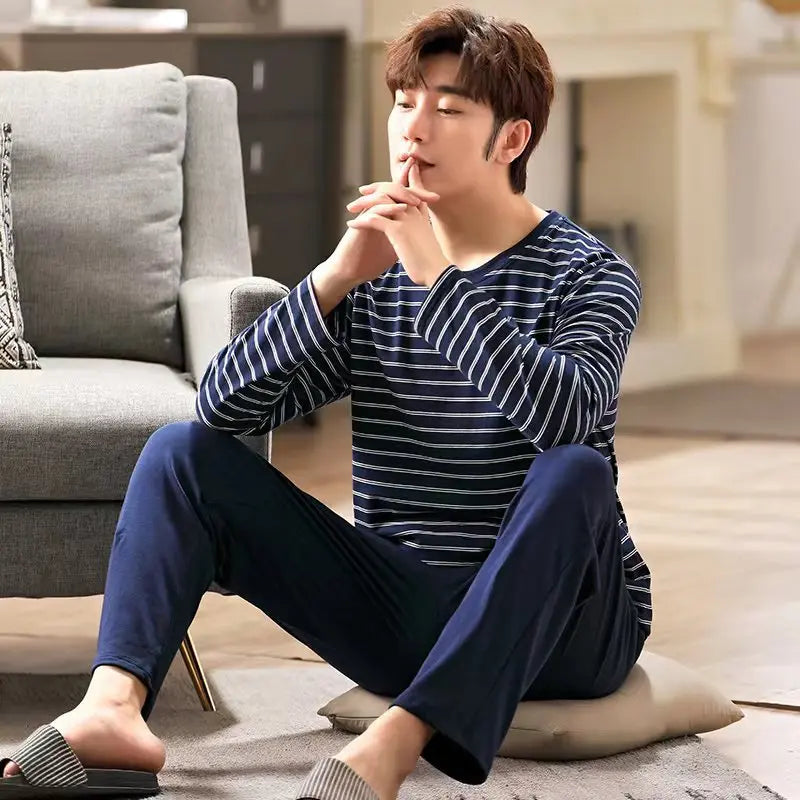 New Men's Spring And Autumn Striped Leisure Pajamas Sets Boys Long-Sleeved Home Wear Teenagers Outside The Home Wear Suit