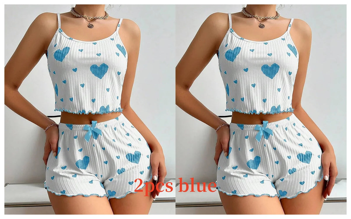 Teen girl Pajamas Set Sleepwear 2 PCS Short Tank Tops And Shorts S M L White Ventilate Soft Casual Love Printing