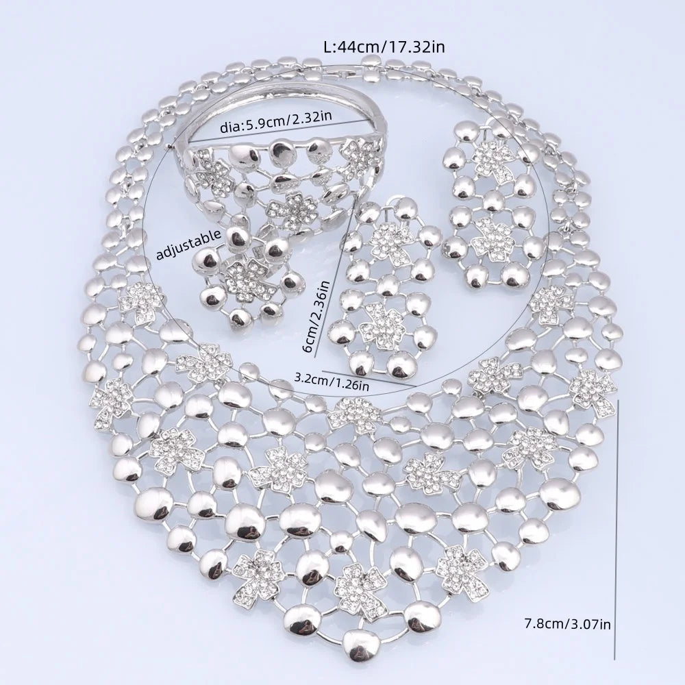 Elegant Jewelry Sets Dubai Silver Plated Jewelry Women Necklace Bracelet Earrings Ring Bride Wedding Party Accessories