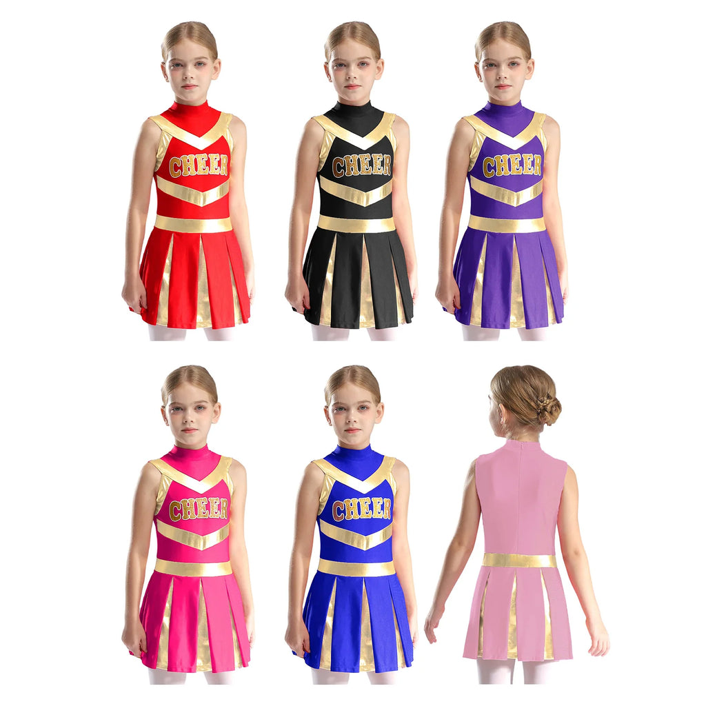 Kids Girl Cheerleading Dance Performance Costume Sleeveless Leotard Dress for School Show Sports Meeting Halloween Cosplay Party