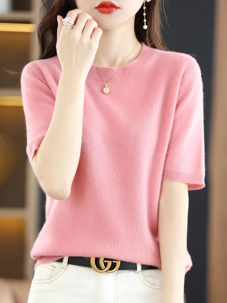 Short Sleeves Women's Sweater O-neck Bottoming Shirts Solid Spring Summer Korean Fashion Sweater Knit Top Casual Basic Pullovers
