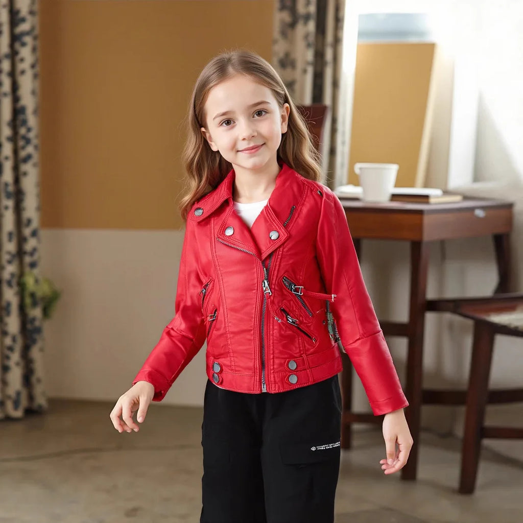 Kids Street Photography Wear 2-12Y NEW YEAR Boys Girls Red Rock Motorcycle Pu Leather Jacket Children Waterproof Windproof Coat