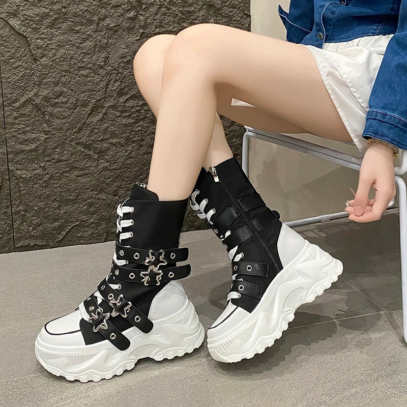 Women's Platform Boots New Round Head Belt Buckle Locomotive Boots European and American Thick-soled Boots for Women Botas Mujer