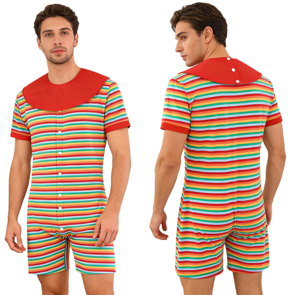 Men Striped Pajamas Bodysuit with Removable Bibs Nightgown Short Sleeve Shorts Bottom One-piece Loungewear for Casual Daily