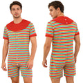 Men Striped Pajamas Bodysuit with Removable Bibs Nightgown Short Sleeve Shorts Bottom One-piece Loungewear for Casual Daily
