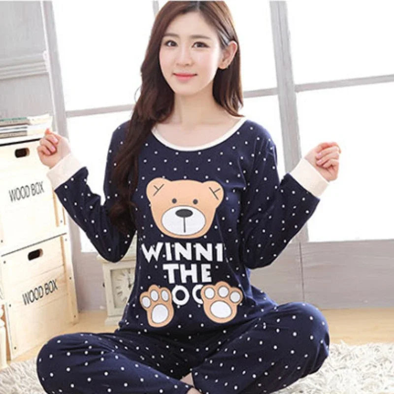 Autumn Thin 2Pieces Pyjamas Set Women 2026 Round Neck Girls Bear Pajamas Sets Teacup Cat Full Sleepwear Tops lovers Pajama Mujer