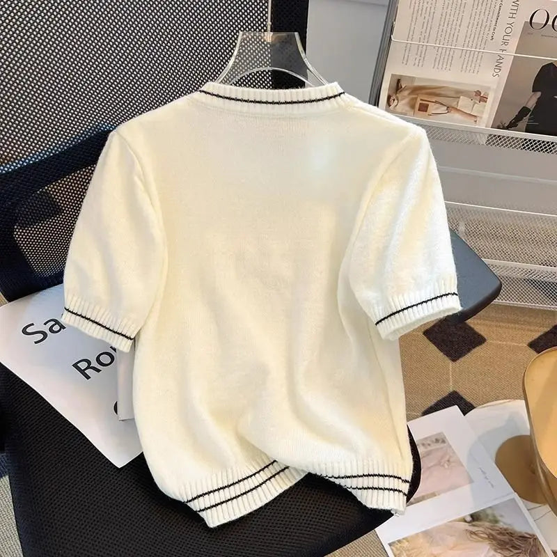 Embroidery Heart Beading Bow Pearl Pullover Short-sleeved T-shirt Female Ice Silk Knit Sweater Summer New Thin Tops Design Coat