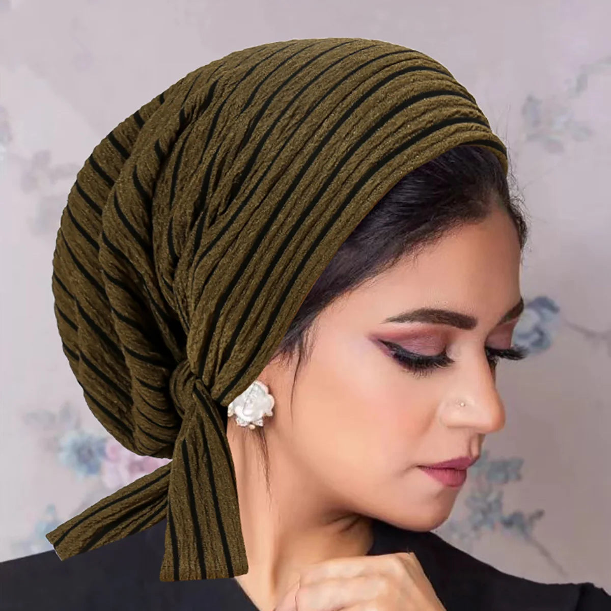 Women Hats 2026 New Fahionable Striped Long Tail Bow Headscarf Hat Chemotherapy Hat Wavy Pattern Caps for Ladies Outfits