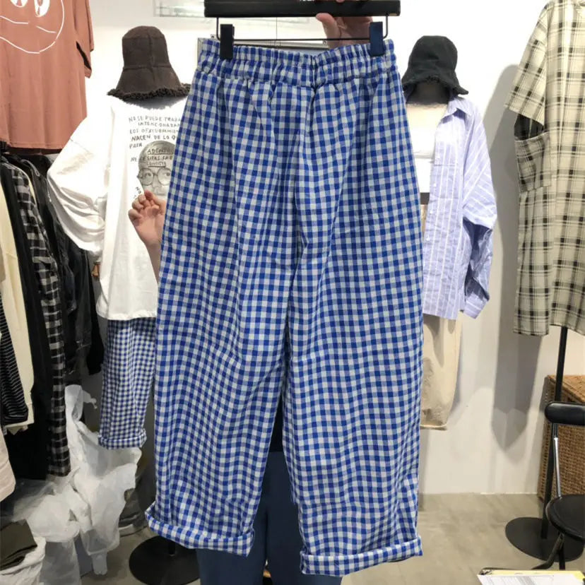 Summer Plaid Wide Leg Casual Pants High Waist Nine Points Faionable Loose Fit plus Size Women's Premium Quali Trousers