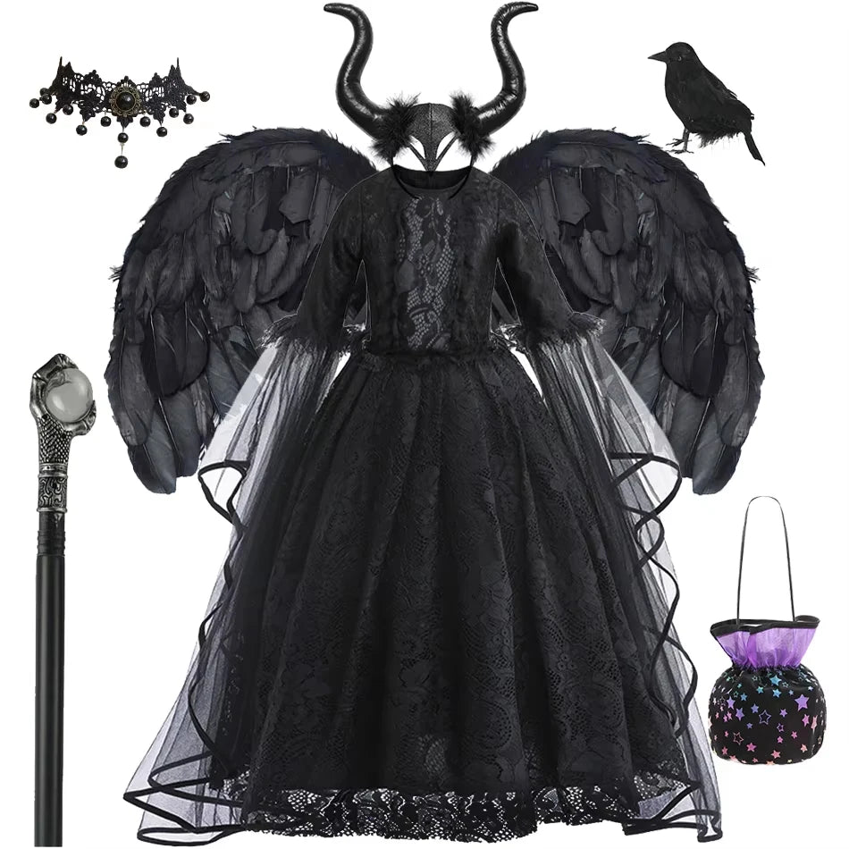 Kids Halloween Costumes Witch Dress Dark Theme Girls Party Dresses Children Lace Sleeves Evil Queen Luxury Carnival Gown