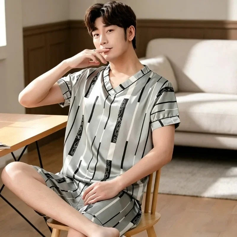 Plus Size Men's Pajamas Set Summer New Fashion Print Men's Sleepwear V-Neck Short Sleeve Shorts Homewear 2026 Casual Cool