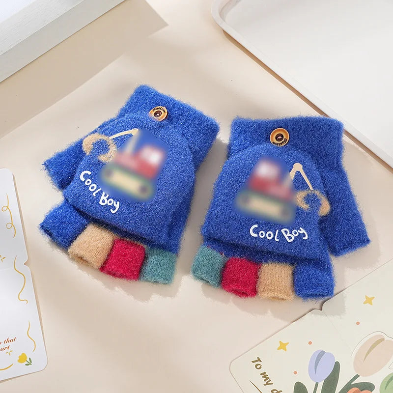 Children's Warm Gloves for Boys and Girls Cartoon Cute Half Finger Knitted Winter Flip Cover Baby Thick Cold Proof Five Fingers