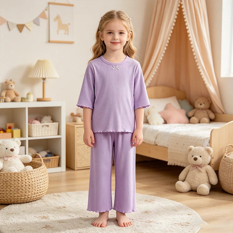 Kids Girls Ice Silk Loungewear Set Sweet Ruffle Sleepwear Soft Breathable Summer Casual Home Pajamas 2 Piece Outfit
