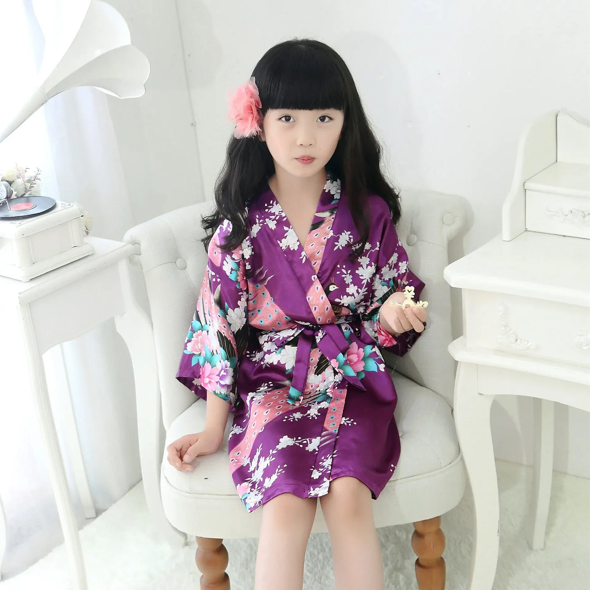Kids Satin Floral Kimono Robe Flower Girl Peacock Bath Robes for Wedding Spa Party Gifts Bridal Lingerie Sleepwear Bathrobe