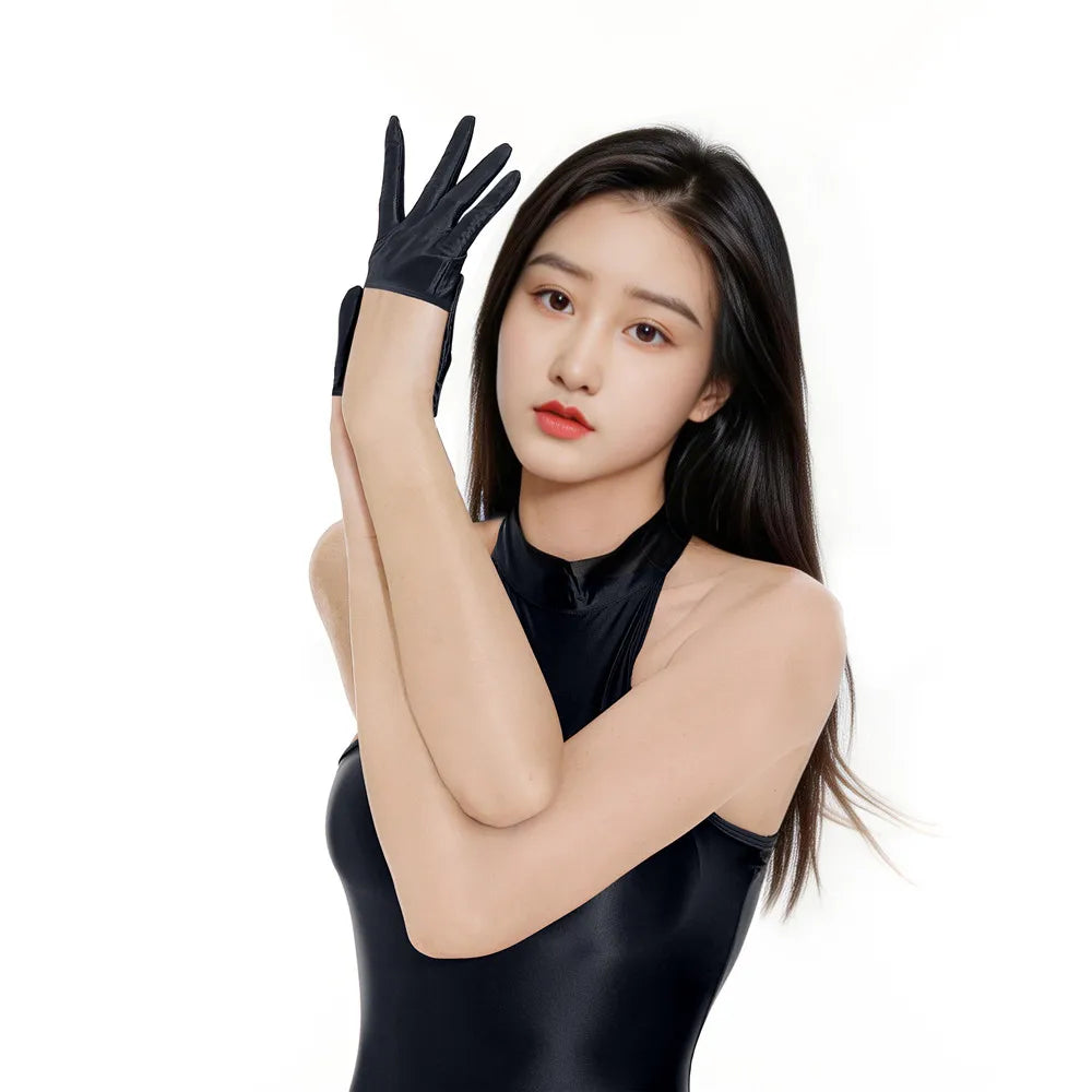 Sexy Women Stain Smooth Half Gloves Oil Glossy Shiny Elastic Glove Cosplay Maid Dance Gloves Stage Wear Plus Size