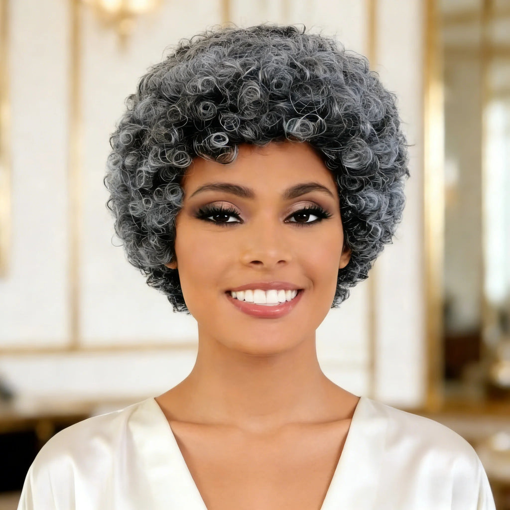 Grey Human Hair Wig for Women Short Curly Bangs Wig Mom/Grandmother Daily Use 6 Inch Bouncy Curly Wigs Full Machine Made Wigs