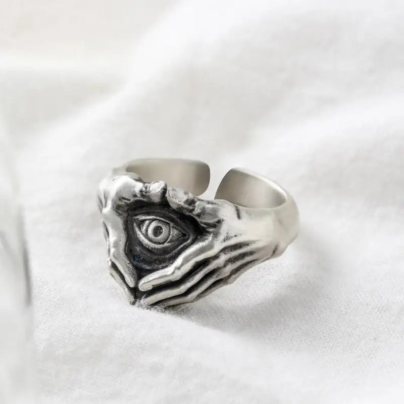 Eye and Hands Design Ring for Men Gothic Retro Adjustable Open Jewelry Gift for Everyday Wear