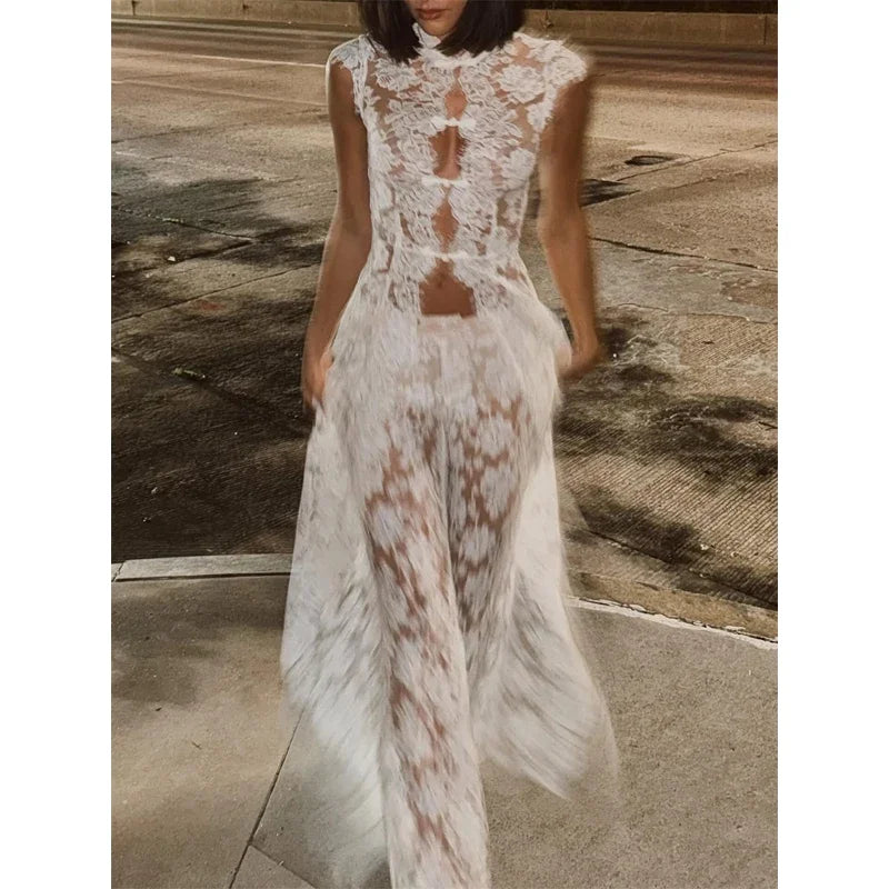 White Lace Embroidery Pant Suit Women Stand Neck Sleeveless Hollow-out Waist Cinching See Through Set Lady Summer Sheer Outfit