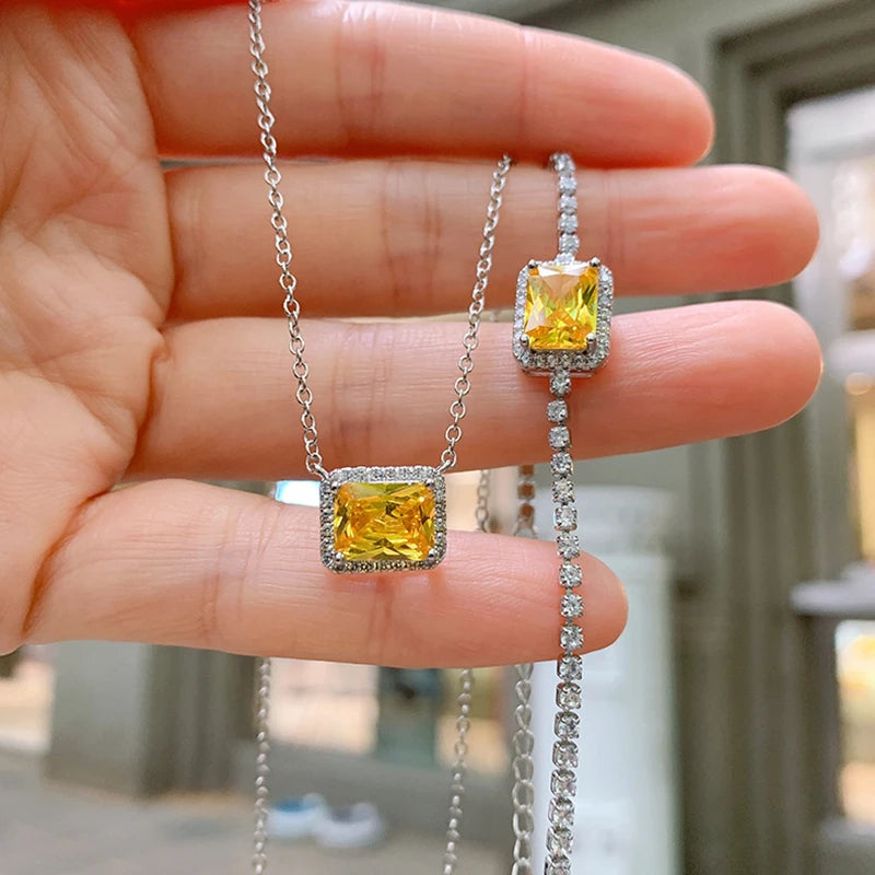 Women Jewelry Vintage 7*9mm High Quality Yellow Pink Blue Crystal Bracelet Necklace Party Fine Gift