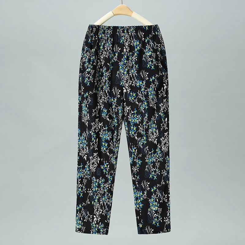 Summer Thin Nine Points Ice Silk Loose Straight Leg Pants High Waist Floral Design for Mom And andma Comfortable Casual Tro...