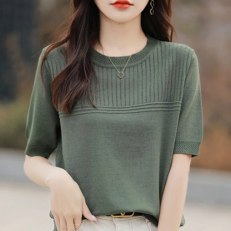 Summer New Round Neck Women's Ice Silk Sweater Temperament Joker Loose Slim Short Sleeve Age-Reducing Fashion Sweater