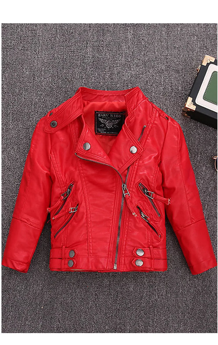 2-12Y NEW YEAR Boys Girls Red Rock Motorcycle Pu Leather Jacket Children Waterproof Windproof Coat Kids Street Photography Wear