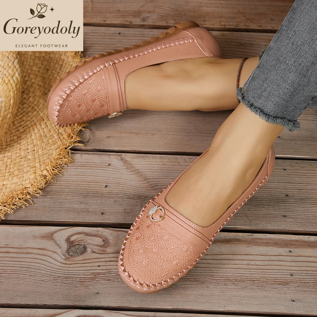 goreyodoly Women Comfortable Slip-On Loafers, Lightweight Breathable Wide Fit Flats with Embroidery & Rhinestone Buckle