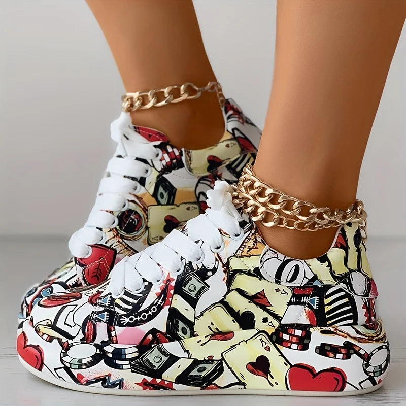 Women's Graffiti Print Sneakers Fashion Lace-up Low-top Platform Sneakers Casual Skateboard Shoes Sneakers New Vulcanized Shoes