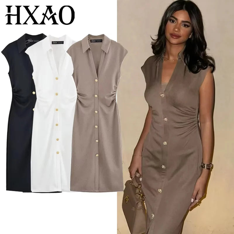 HXAO Sleeveless Solid Long Dresses 2025 Woman Summer Ruched Elegant Party Dresses Bodycon Shirt Midi Dress Office Holiday Dress