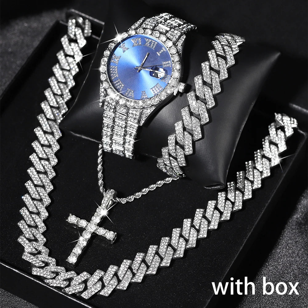 Hip Hop Men's Watch Jewelry Gift Set Glitter Silver Quartz Watch with Cross Pendant Necklace Street Punk Luxury Party Accessory