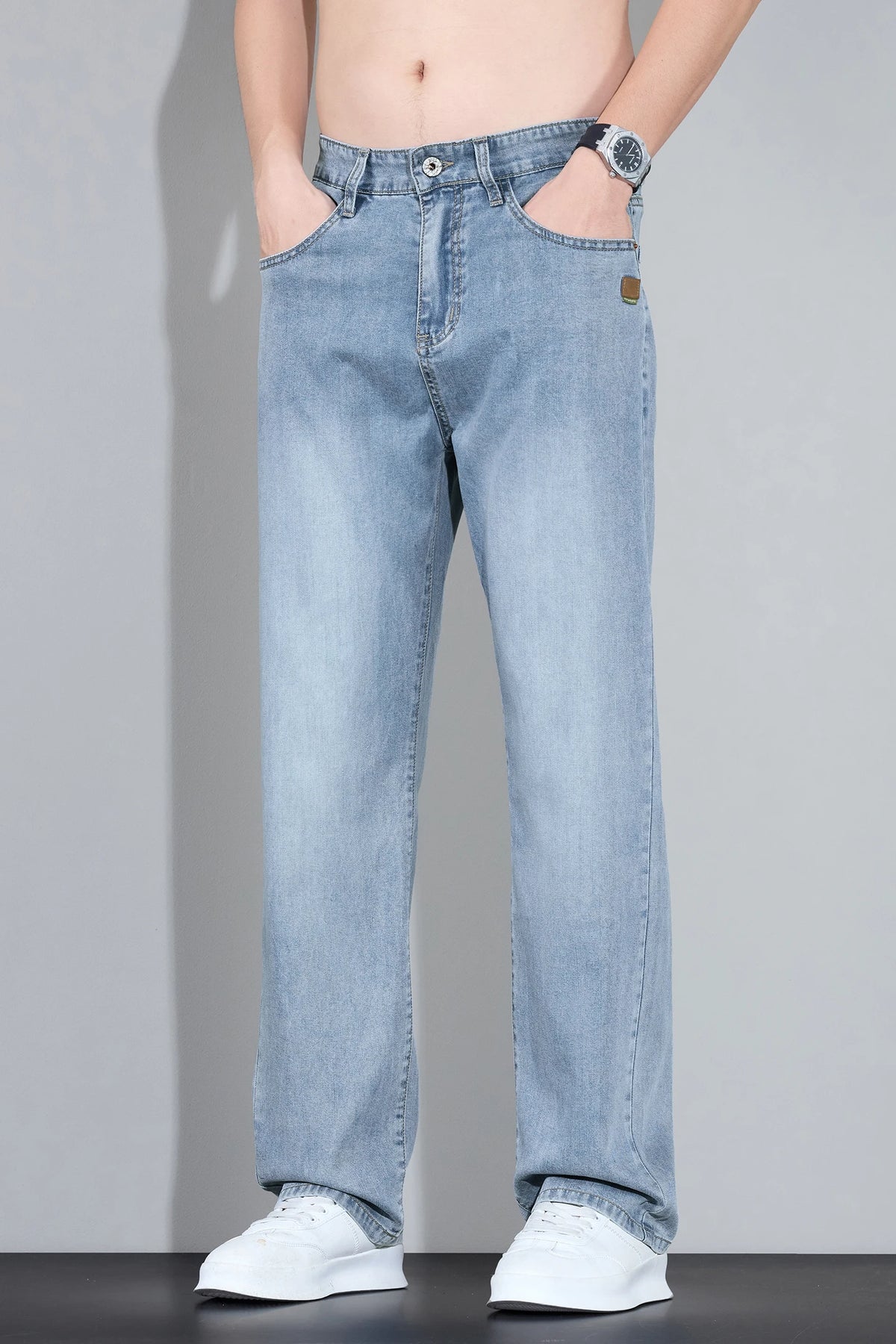 Lyocell Ice Silk Jeans Men's Fashion Korean Ultra-Thin Denim Pants Soft Drape Comfortable Business Straight Casual Trousers