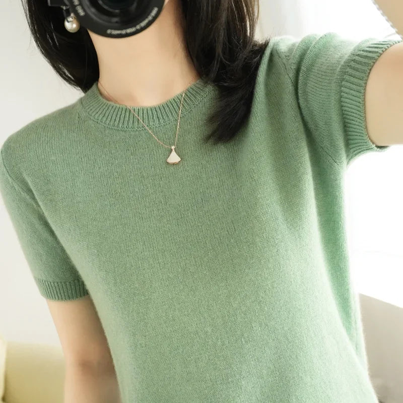 2025 Spring Summer Womens Sweater Short Sleeve O-neck Slim Fit Knitted Pullovers Bottoming Casual Knitwear Camel Pink Clothes