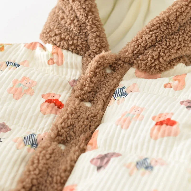 Winter Children Coat 0-3Y Boys Girls Cute Bear Printed Jacket Warm Fleece lined Kids Outerwear